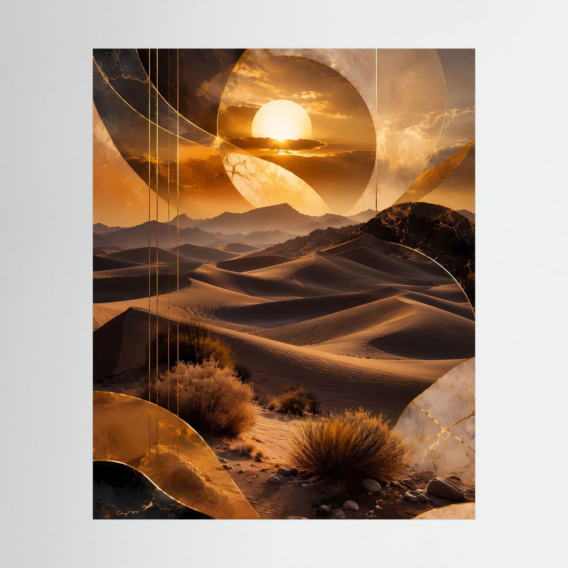 Hochformat-Poster mit goldener Wüstenlandschaft und abstrakten Formen, Sonnenuntergang