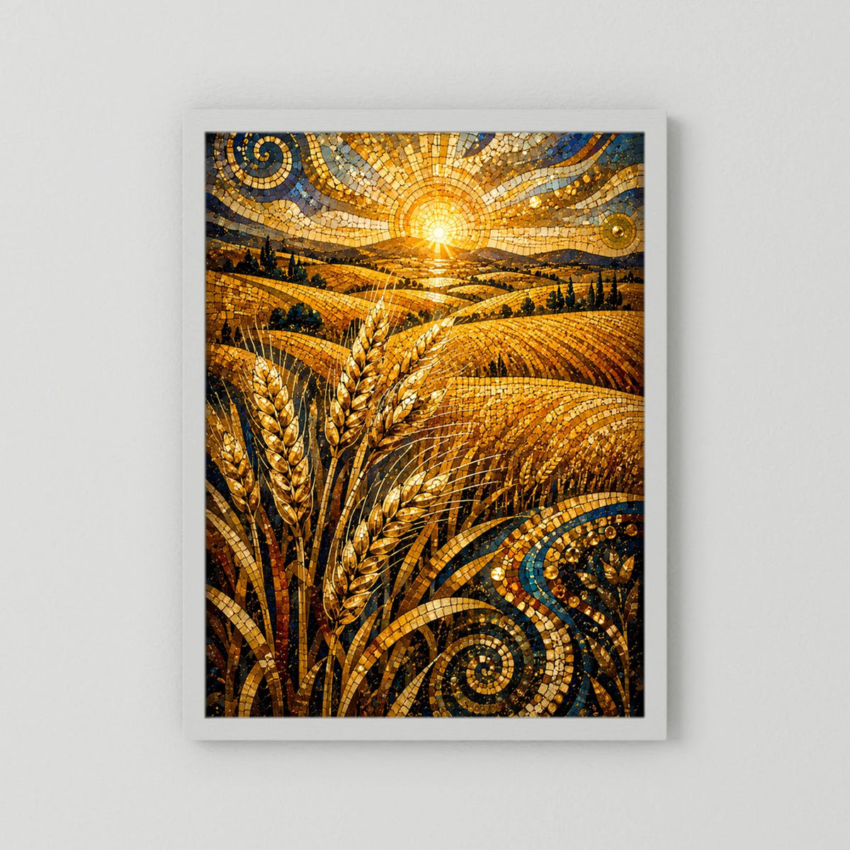 Hochformatiges Poster mit goldenem Weizenfeld im Mosaikstil, im weißen Rahmen