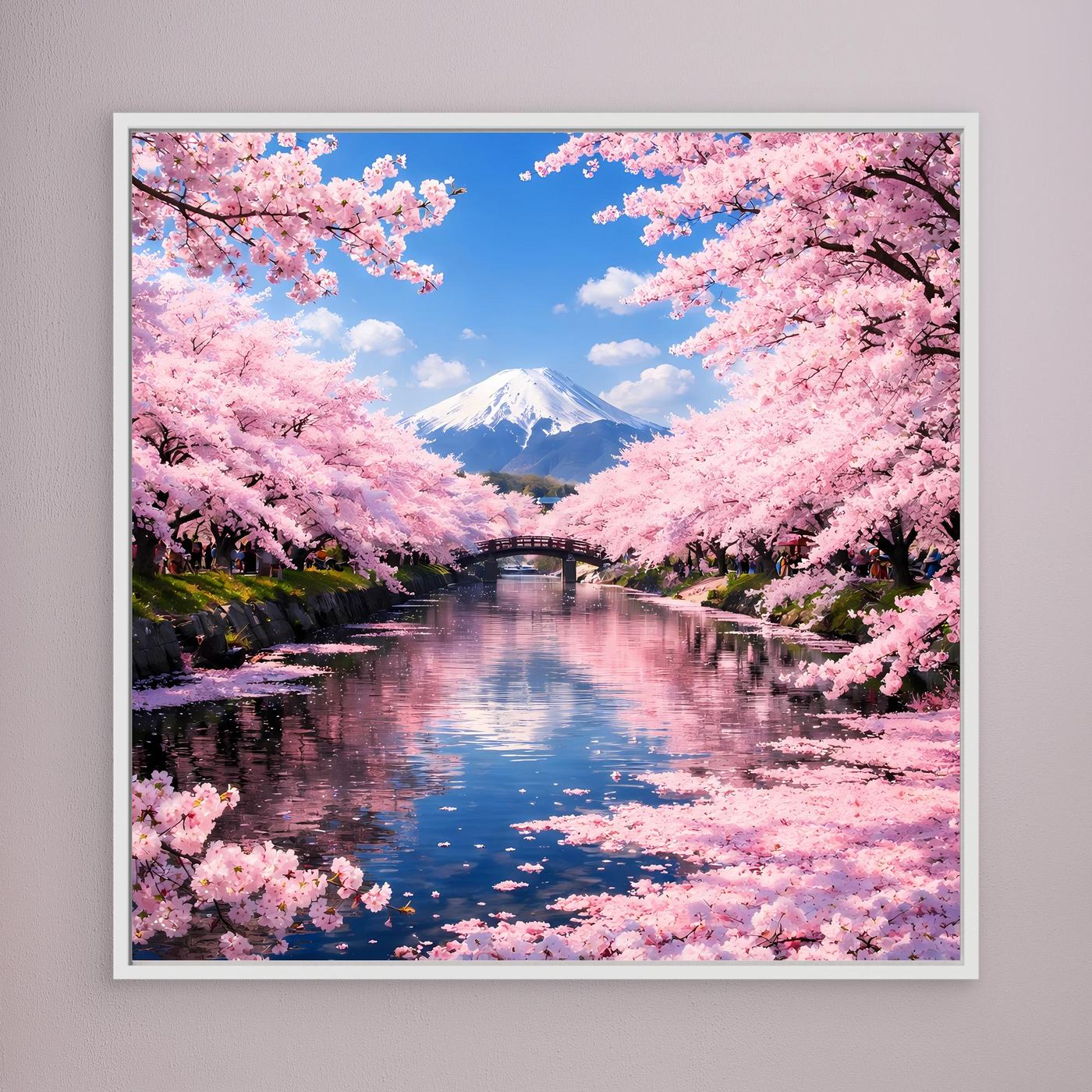 Leinwandbild mit rosa Kirschblüten, Berg Fuji und Fluss mit Brücke, hellweiß gerahmt