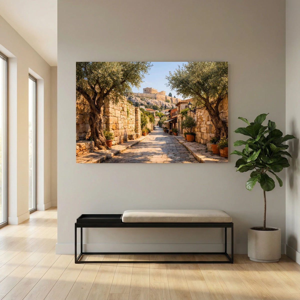 Wandbild im Querformat: Altstadtgasse mit Steinmauern, Olivenbäume und Akropolis