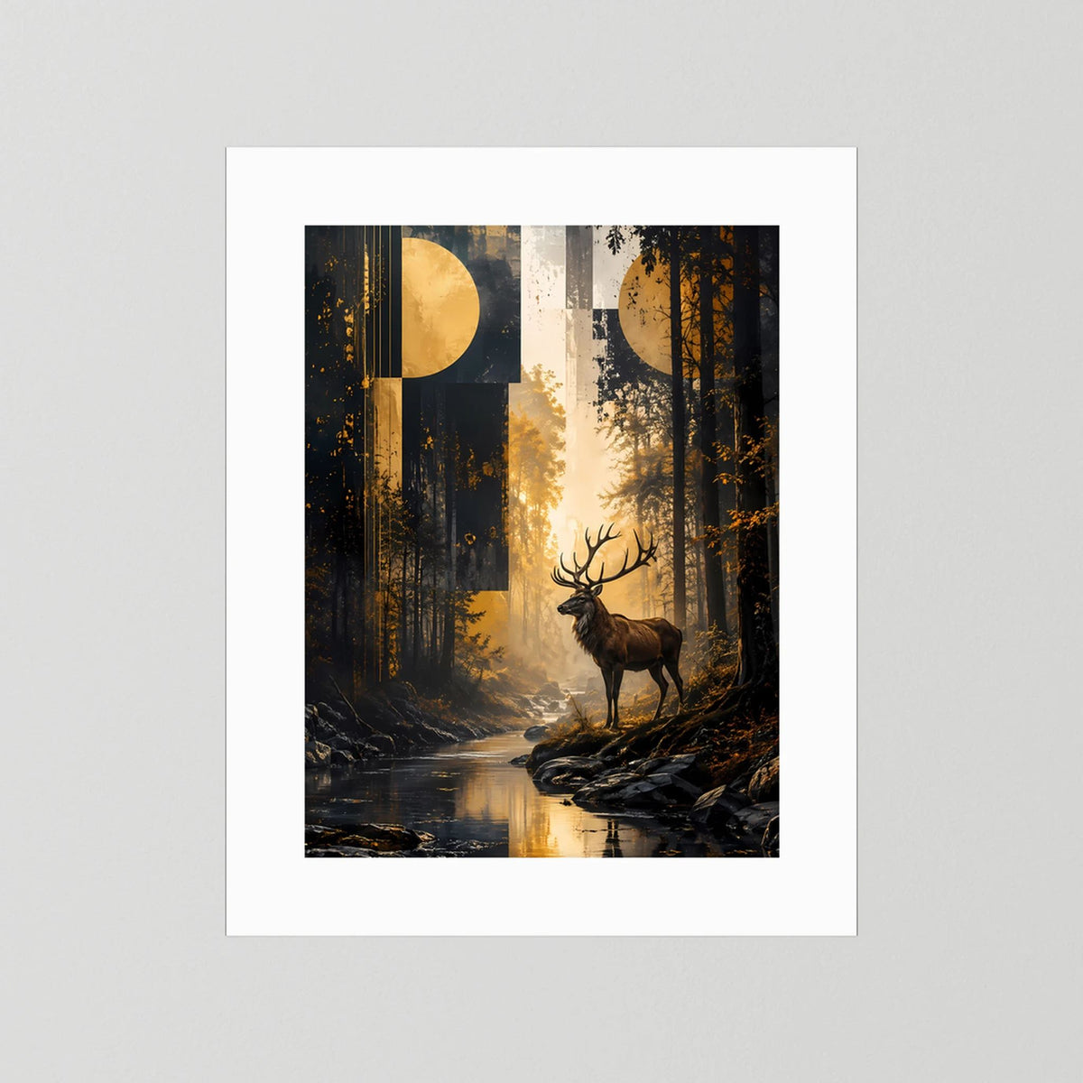 Hirsch-im-Wald-Poster mit weißer Einfassung und goldenem Hirsch im Vordergrund
