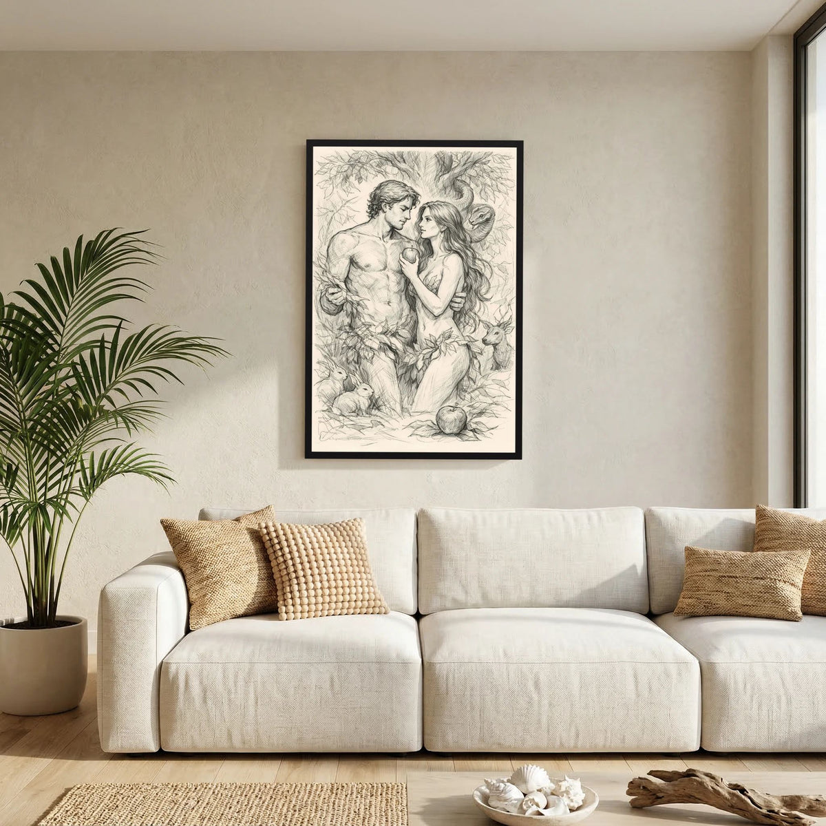 Hochformat-Poster mit Bleistiftzeichnung von Adam und Eva, schwarzer Holzrahmen.
