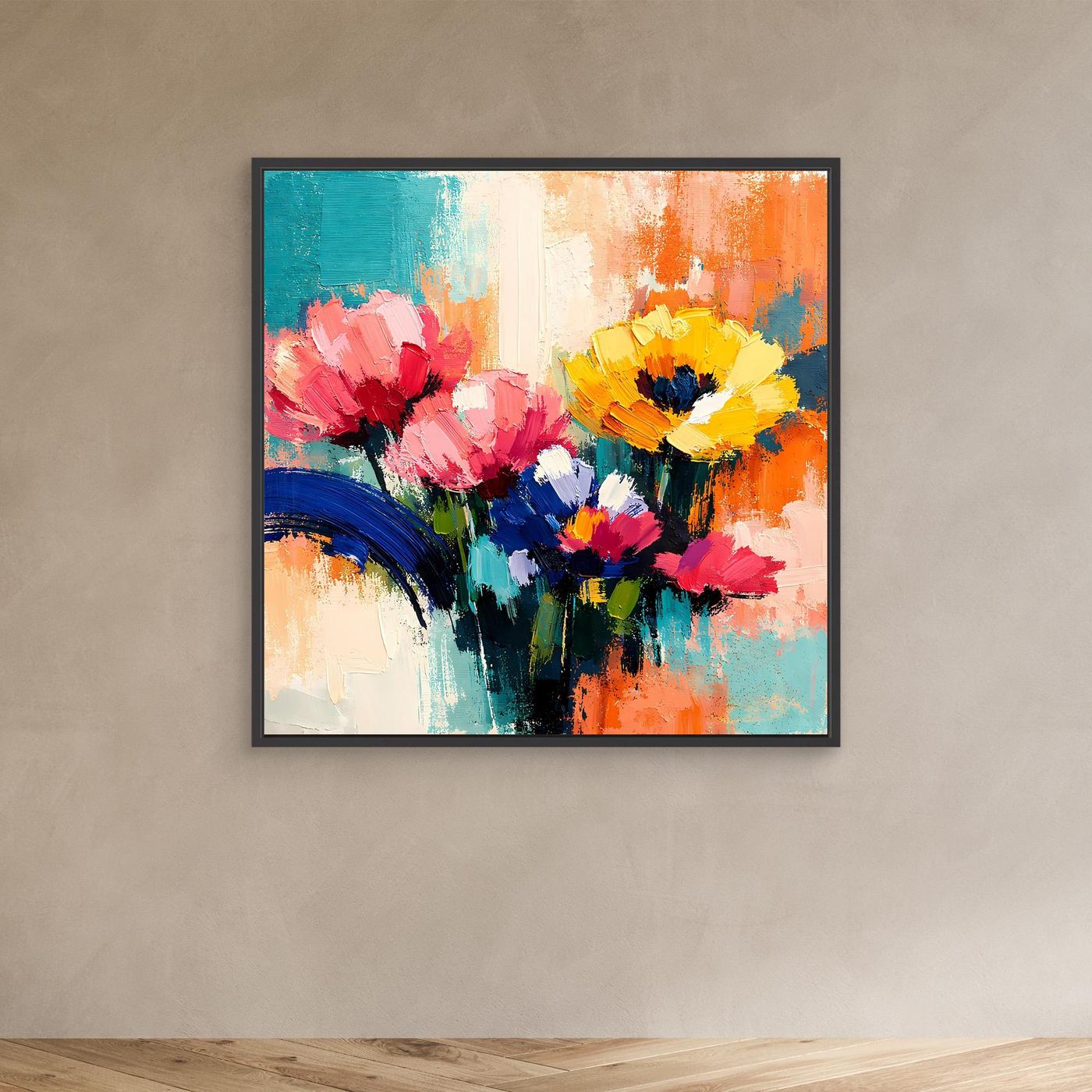 Abstraktes Leinwand-Wandbild mit bunten Sommerblumen in Ölfarbenoptik, schwarzer Rahmen