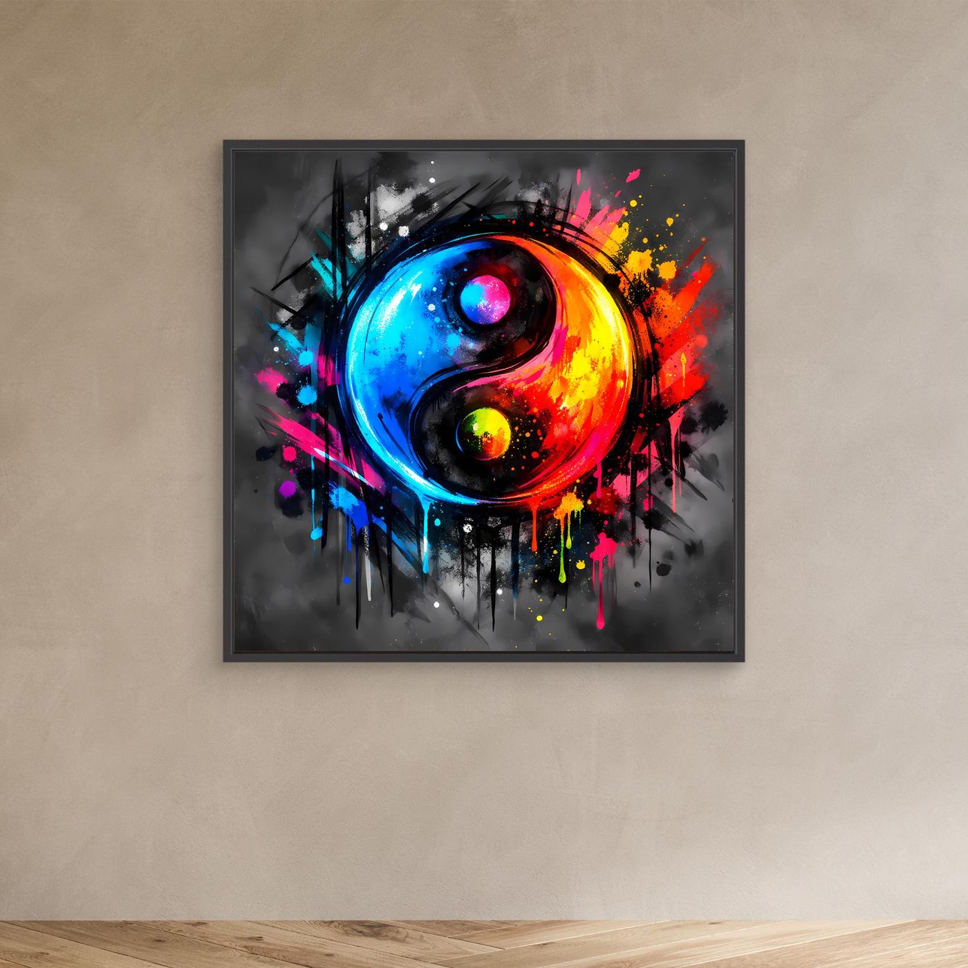 Leinwandbild mit abstraktem Yin-Yang-Motiv, bunt gespritzt, schwarzer Rahmen