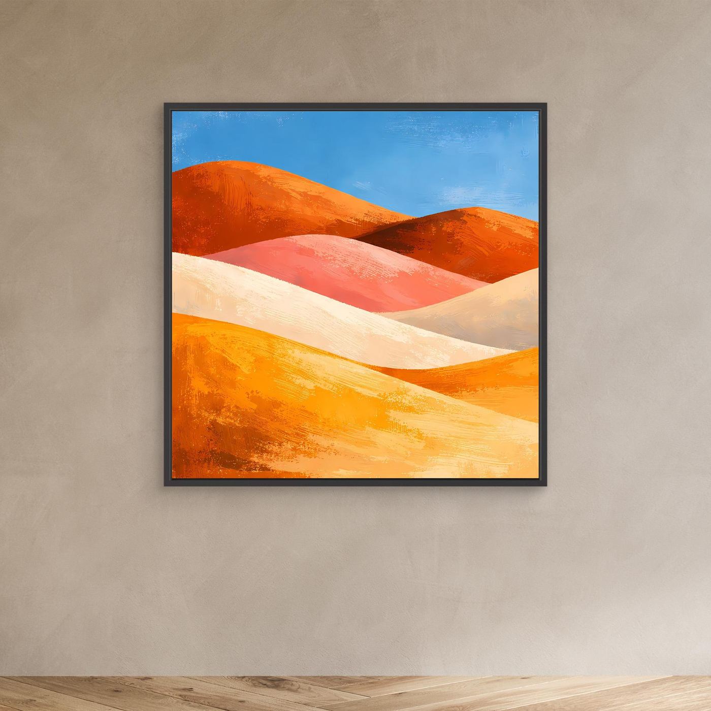 Leinwand-Wandbild mit schwarzem Rahmen und Dünen in Orange, Rot und Cremefarben