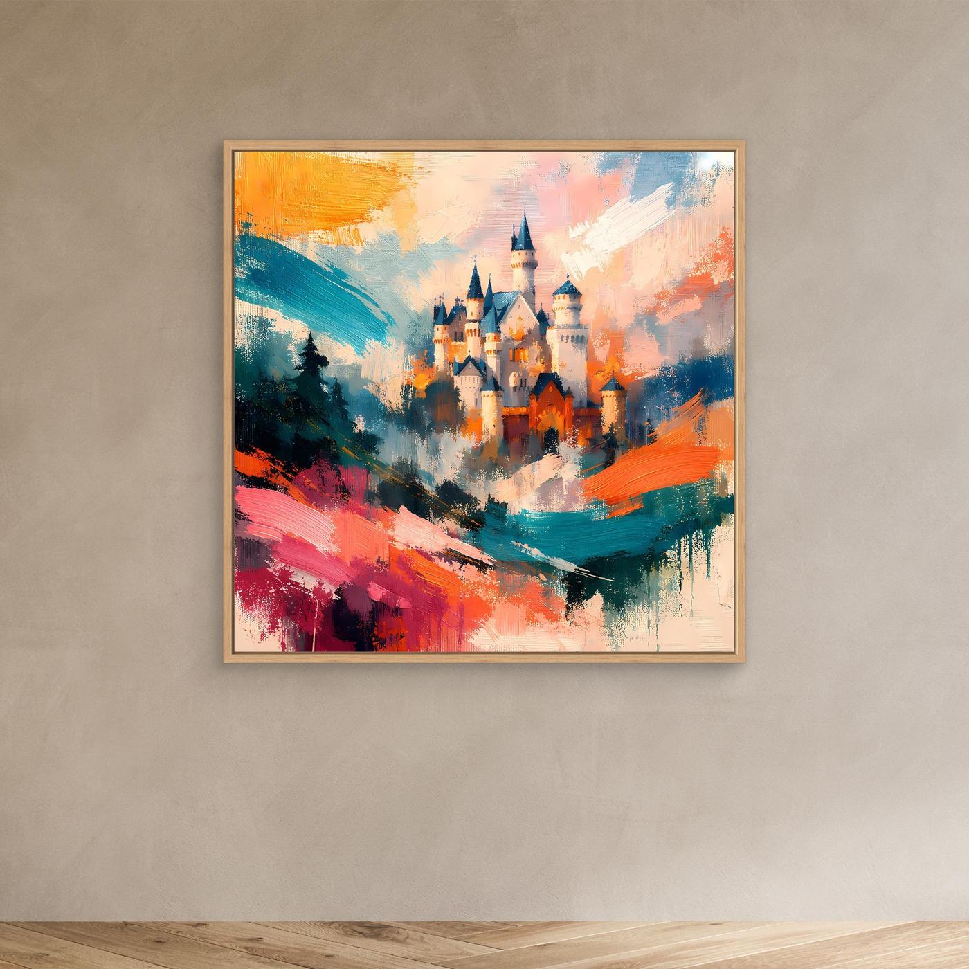 Premium Leinwand Märchenhaftes Schloss in abstrakten Farben | Modernes Castle Wandbild