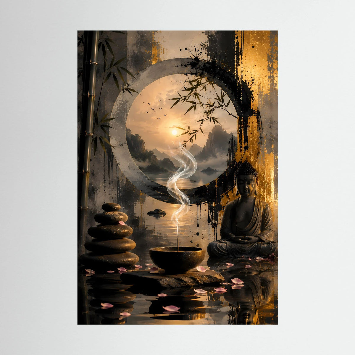 Hochformatiges Poster mit sitzendem Buddha, Räucherrauch, Kerzenstapel und Teeschale