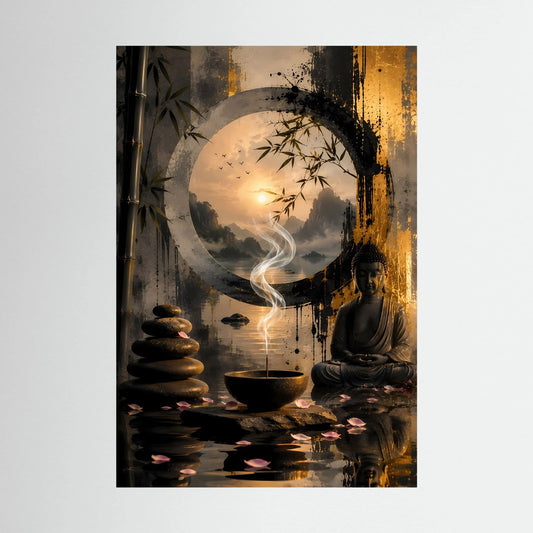 Hochformatiges Poster mit sitzendem Buddha, Räucherrauch, Kerzenstapel und Teeschale