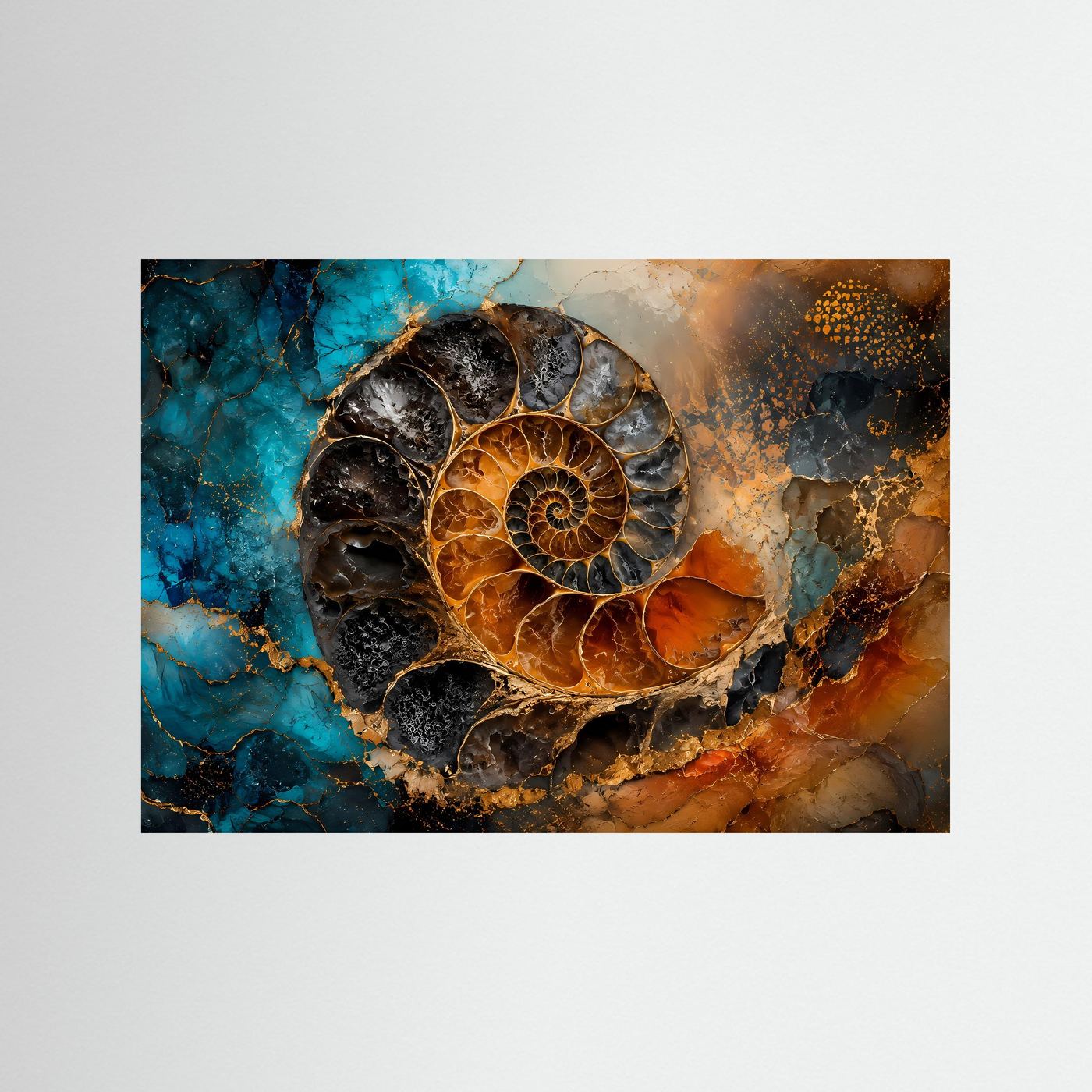 Geometrie der Zeit | Abstraktes Ammonit Fossil Poster mit Gold- und Ozean-Akzenten