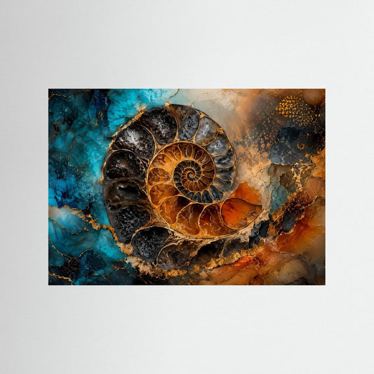 Poster mit abstraktem Ammonit-Fossil in Blau, Orange und Gold, brauner Holzrahmen