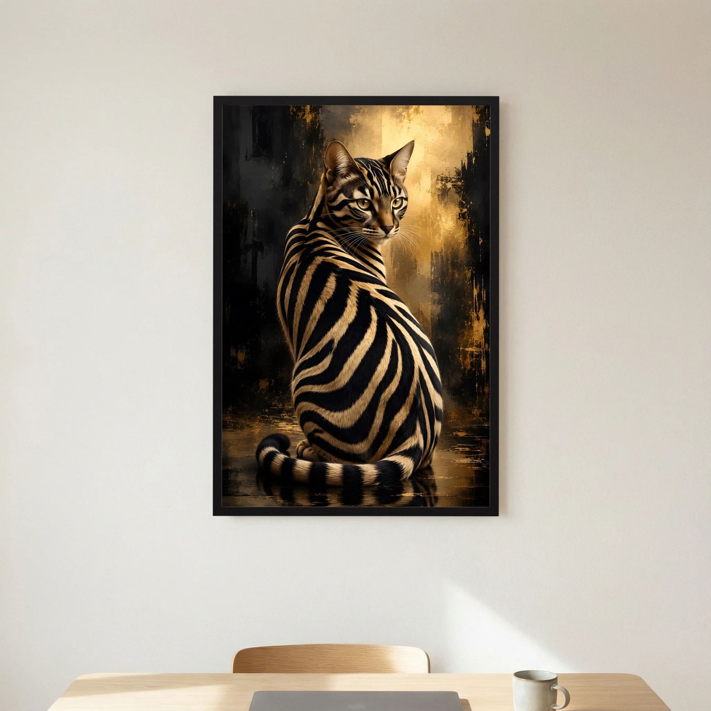 Poster Zebra-Katze in Schwarz-Gold, mit schwarzer Einfassung