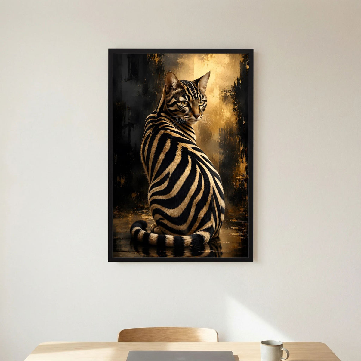 Poster Zebra-Katze in Schwarz-Gold, mit schwarzer Einfassung