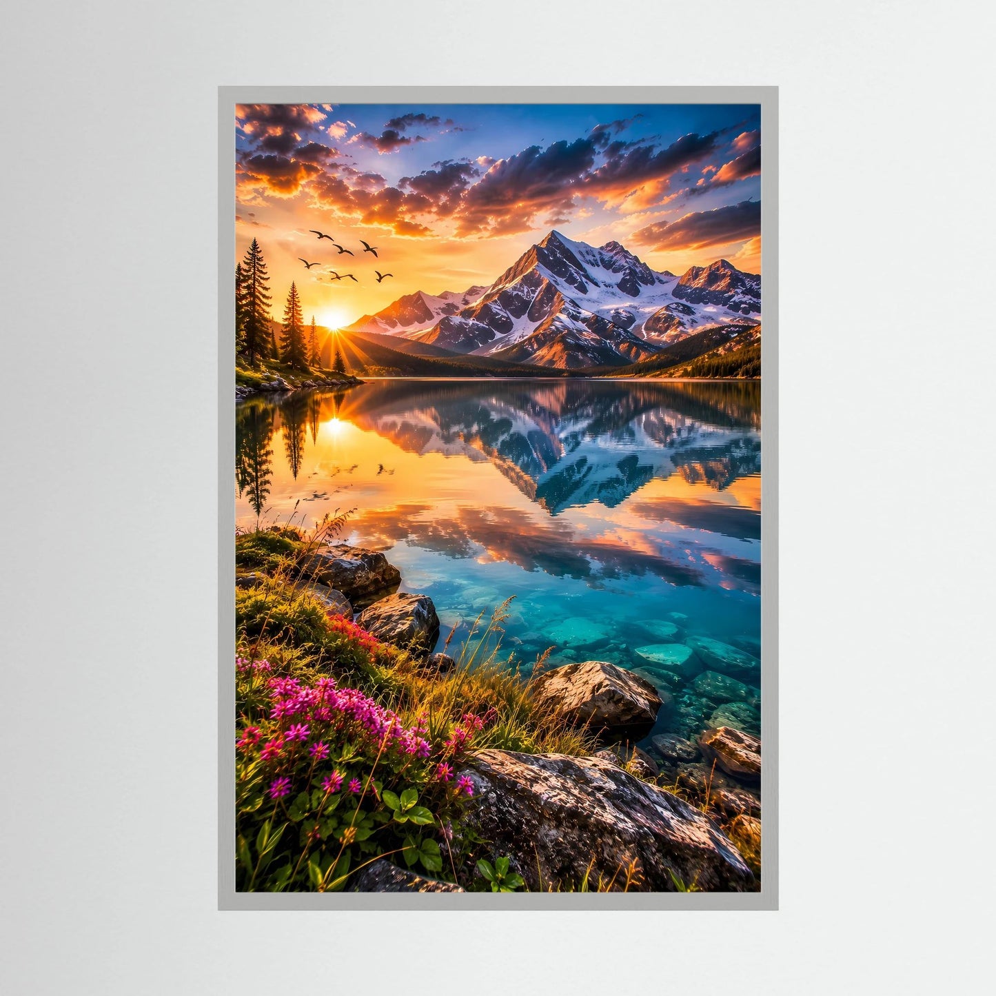 Poster Hochformat mit Rahmen: Alpensee bei Sonnenuntergang, spiegelndes Wasser