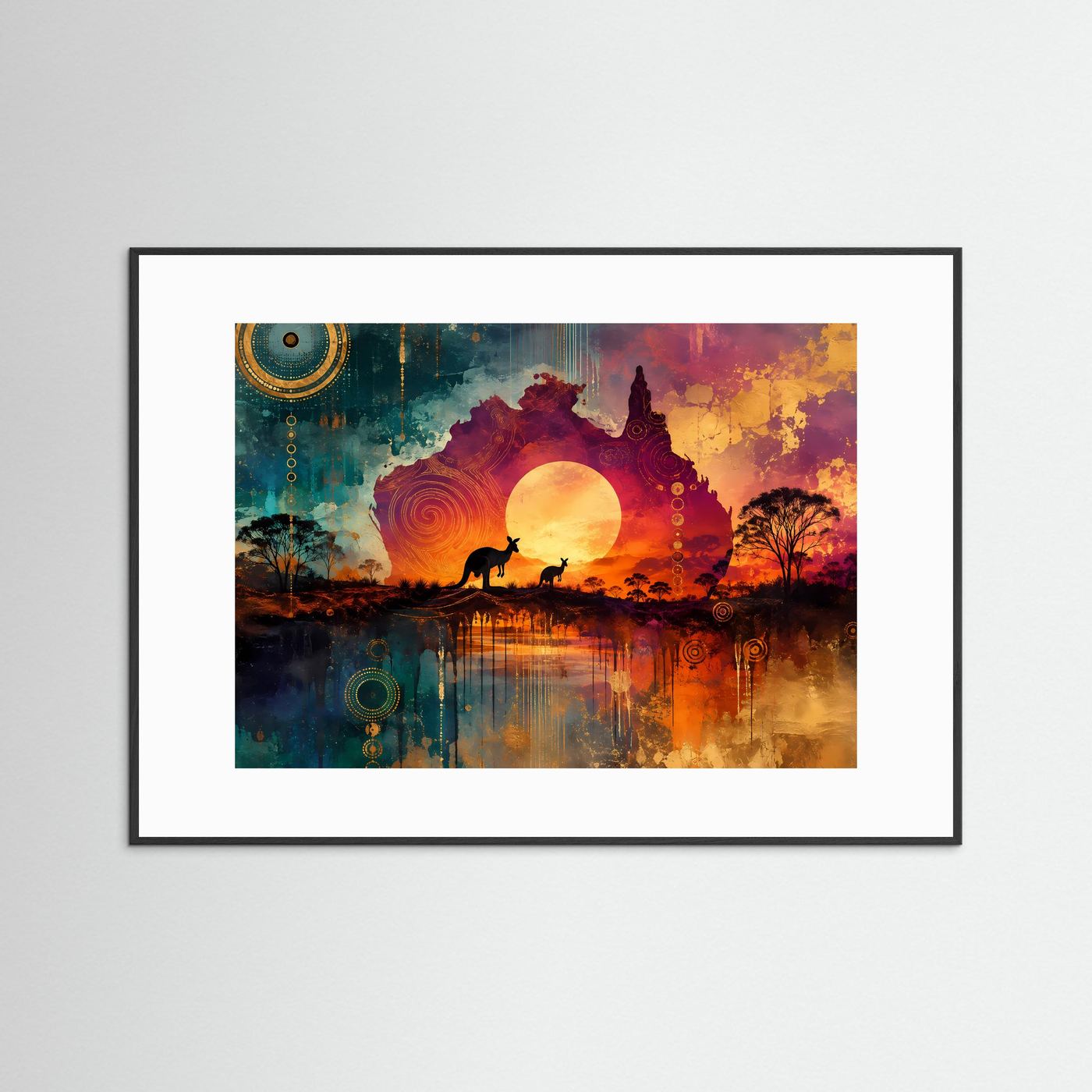 Australien Poster | Aborigines Kunst Wandbild | Känguru Silhouette bei Sonnenuntergang | Outback Landschaft | Moderne Fine Art