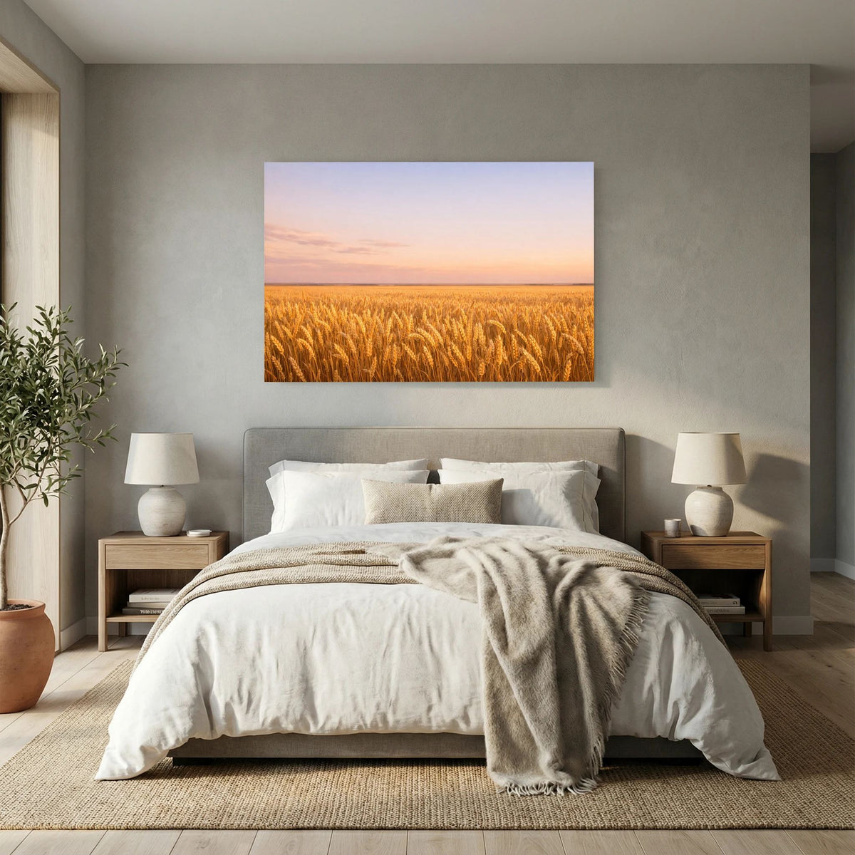 Wandbild-Poster mit goldenem Weizenfeld und Abendhimmel, Querformat, rechteckig.
