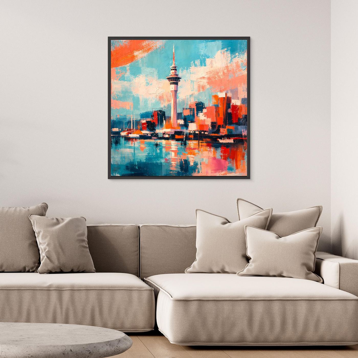 Wandbild mit abstrakter Skyline und Sky Tower, türkis-orange, im schwarzen Rahmen
