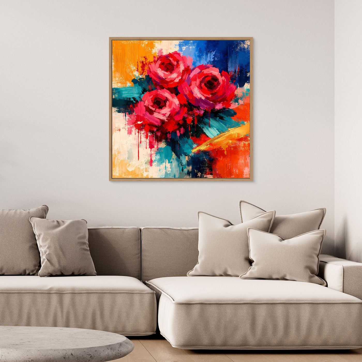 Leinwandbild mit abstrakten roten Rosen in Pinselstrich-Optik, quadratisch, mit hellem Rahmen
