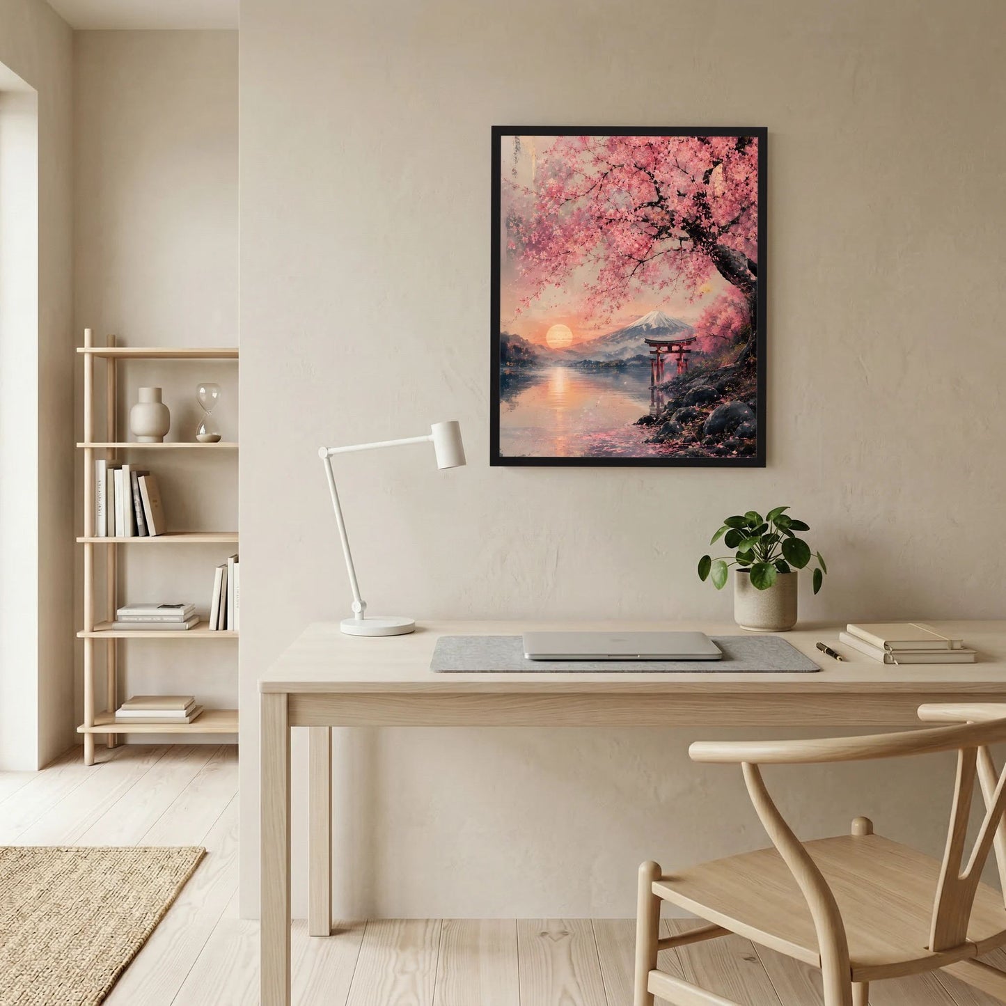 Rahmenposter im Hochformat mit Kirschblüten, ruhigem Wasser, Fuji und Torii