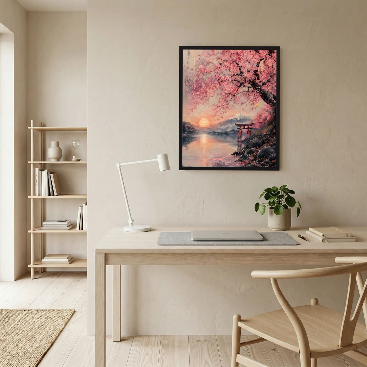 Rahmenposter im Hochformat mit Kirschblüten, ruhigem Wasser, Fuji und Torii