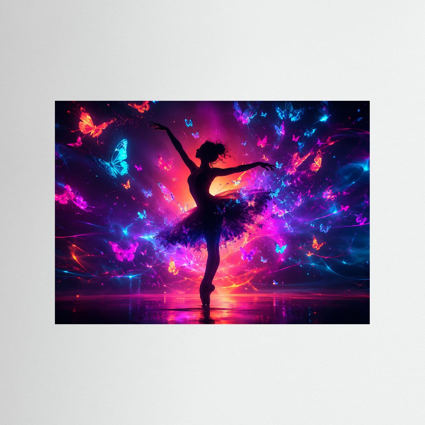 Ballerina Poster | Schmetterlinge Wandbild | Abstrakte Tanzkunst | Neon Fantasy Wanddekoration Modern