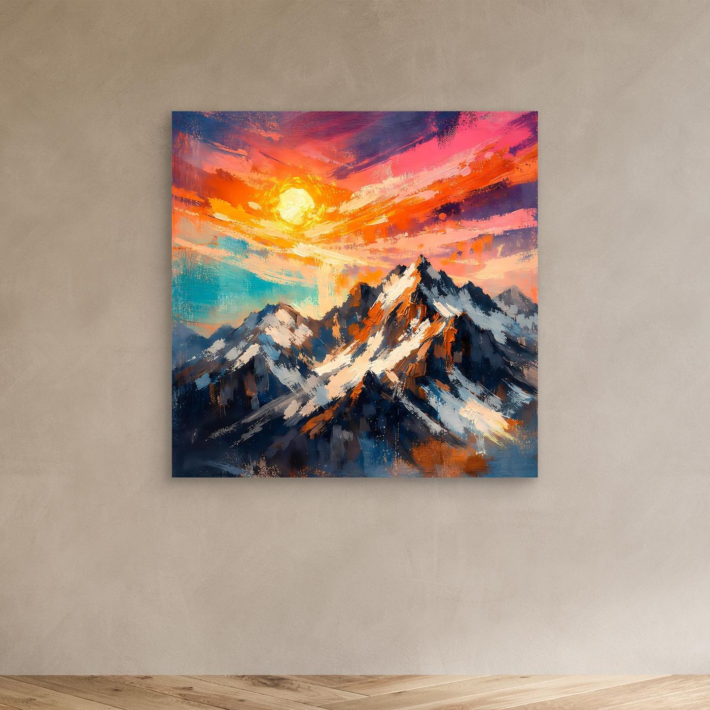 Leinwand Alpenglühen an verschneiten Berggipfeln | Abstraktes Gebirge Wandbild