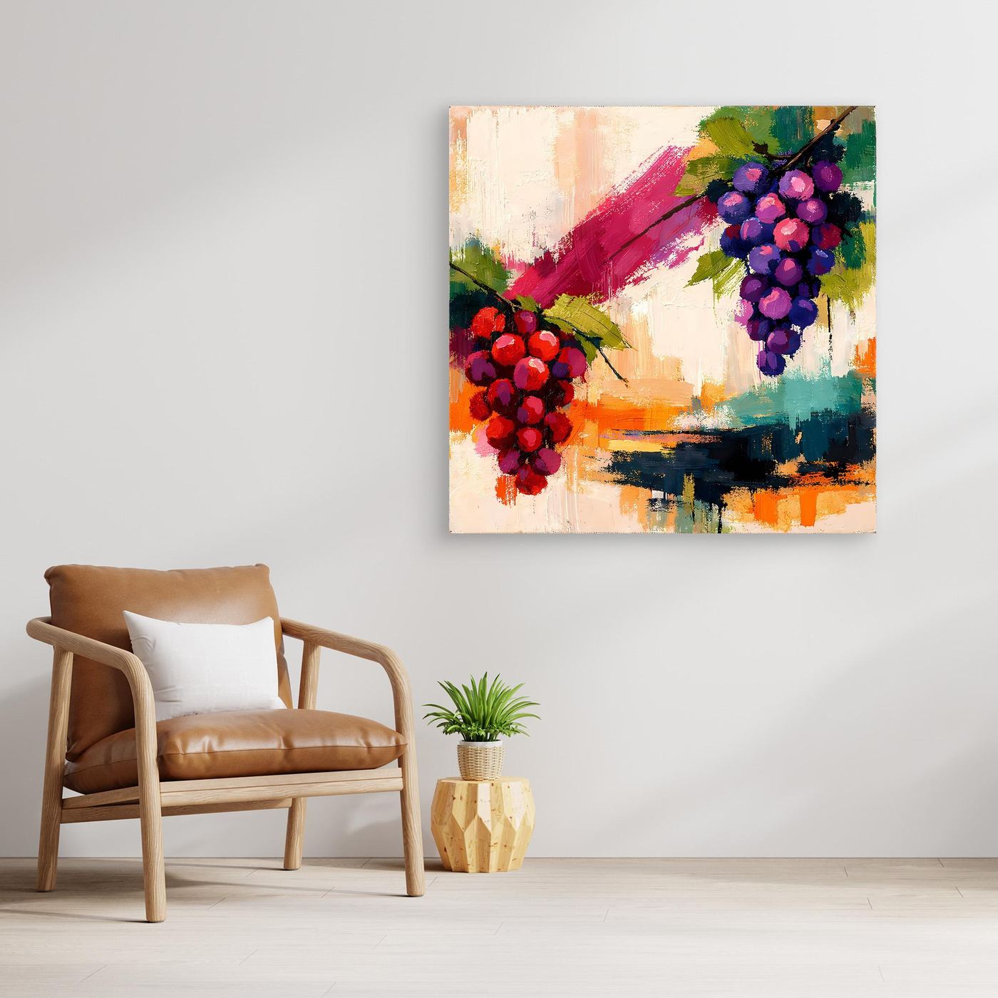 Framed abstract grape still life wall art with red and purple grape clusters