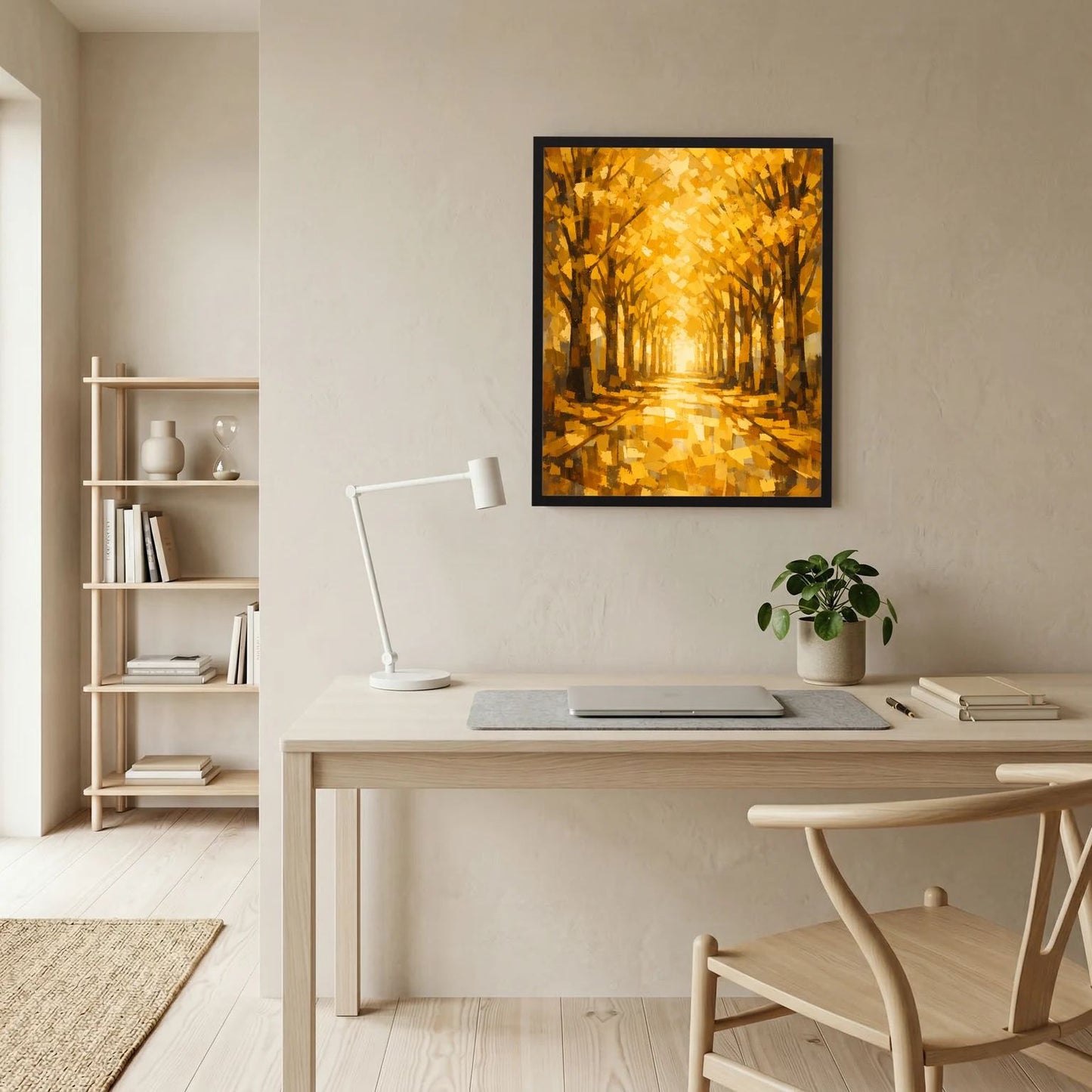 Hochformatiges Wandbild im schwarzen Rahmen mit goldener Baumallee durch herbstliche Blätter