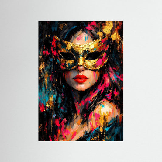 Abstraktes Kunstposter ohne Rahmen: venezianische Maske mit Akzenten in Gold, pinken Flecken, roter Mund