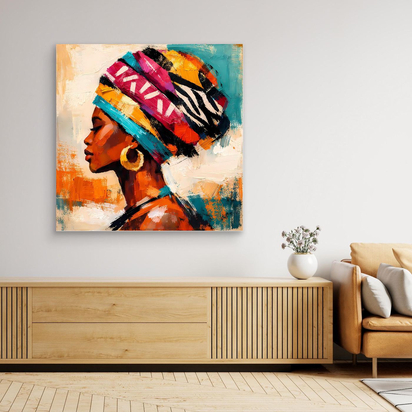 Leinwand Afrikanische Schönheit mit Kopftuch | Abstraktes Modern Art Porträt Wandbild