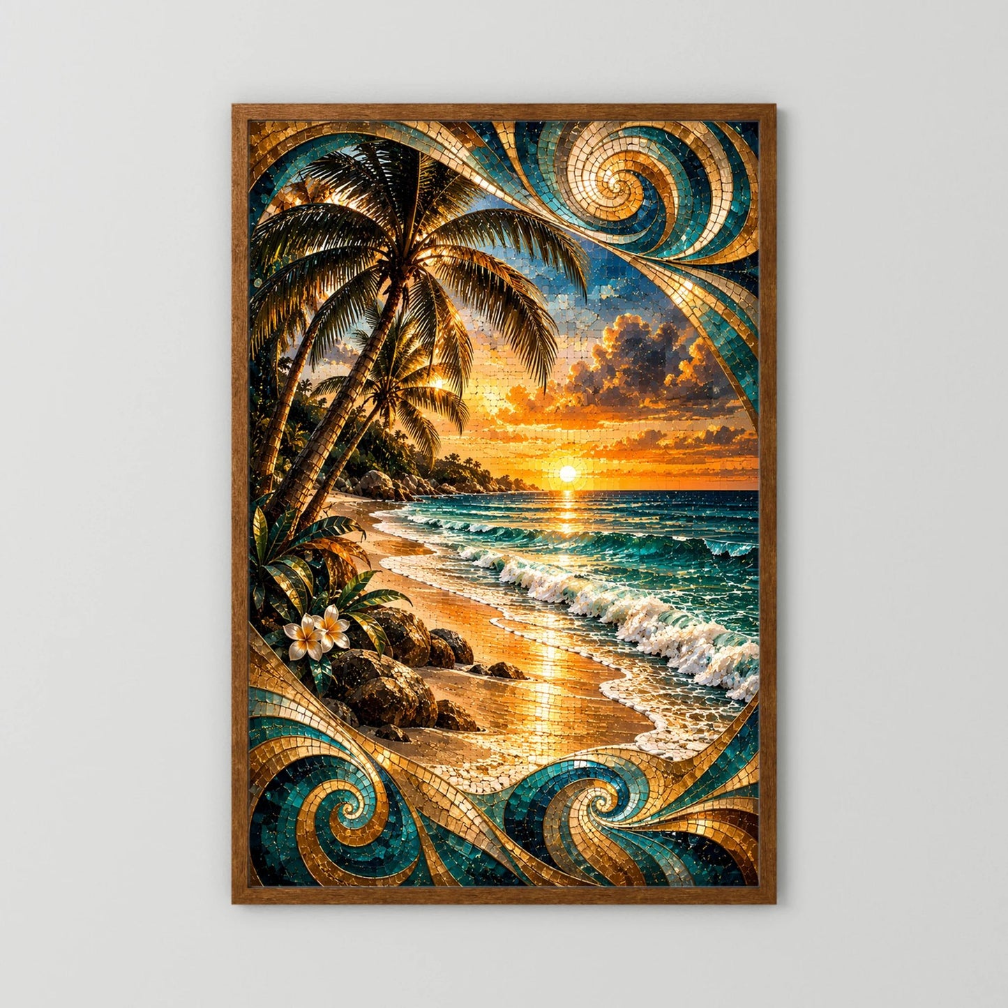 Tropischer Strand bei Sonnenuntergang | Mosaik Kunst in Türkis & Gold | Poster Hochformat