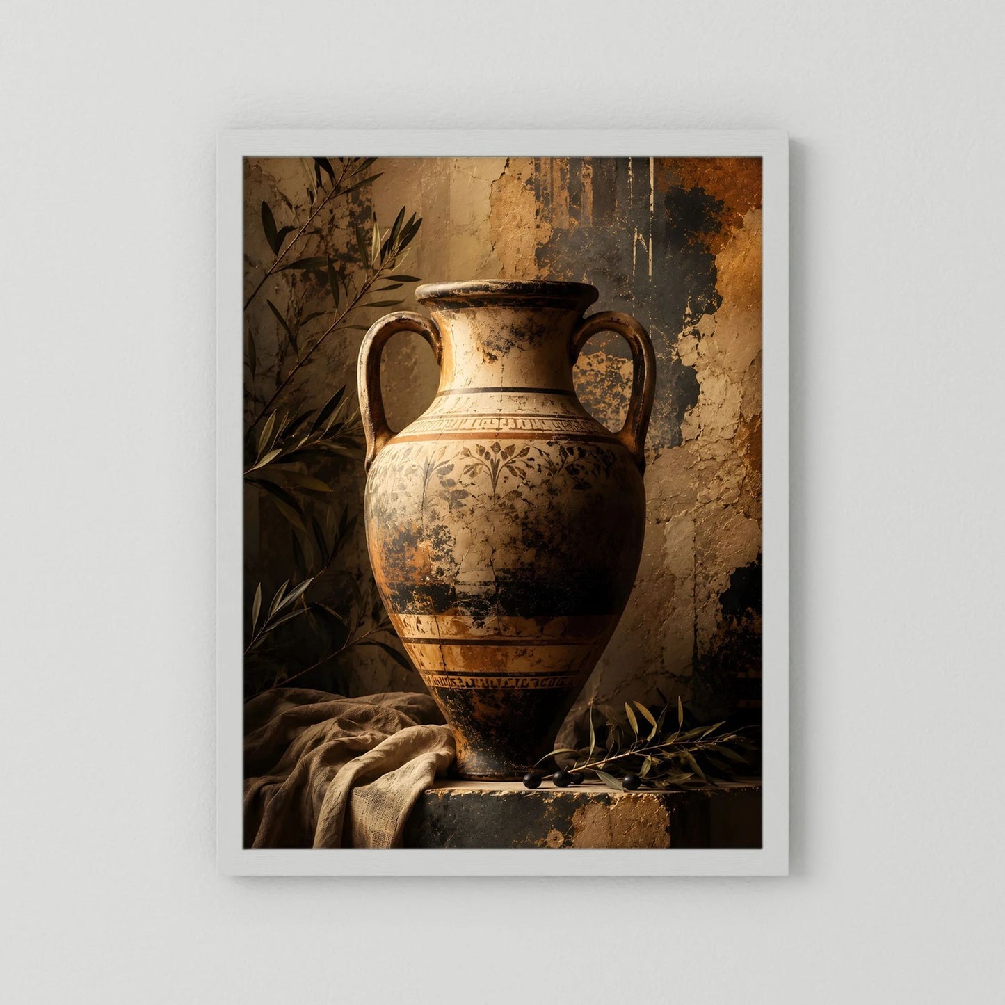 Poster ohne Außenrahmen, antike Amphore mit Olivenzweigen, goldene Keramik