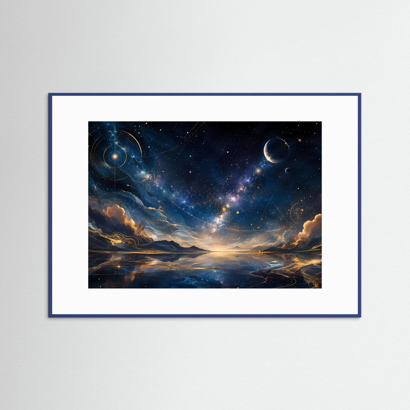 Wandkunst mit kosmischer Landschaft, Sternen und Planeten in Blau und Gold, Querformat im blauen Rahmen