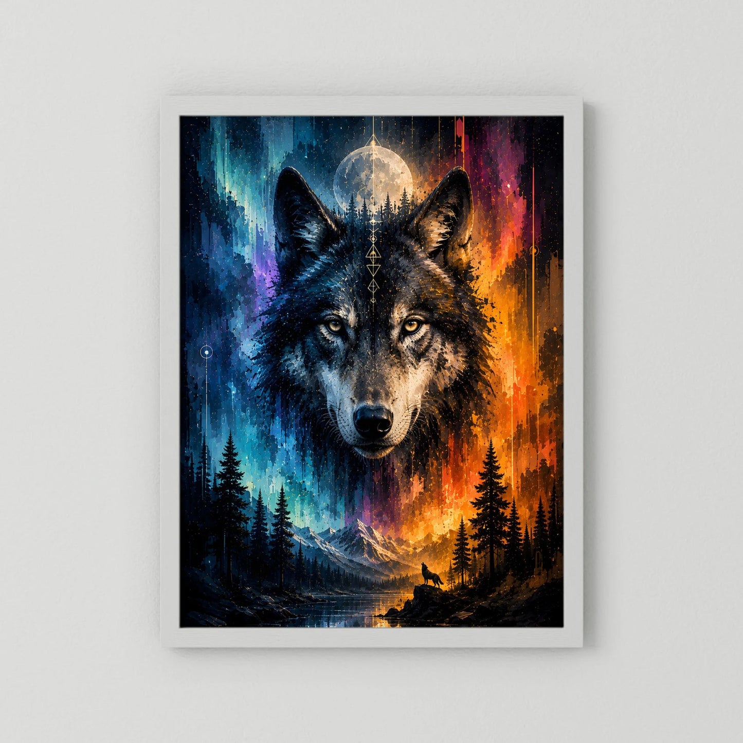 Poster im Hochformat mit zwei Wölfen, Mond und Wald, Blau-Orange, weißer Rahmen