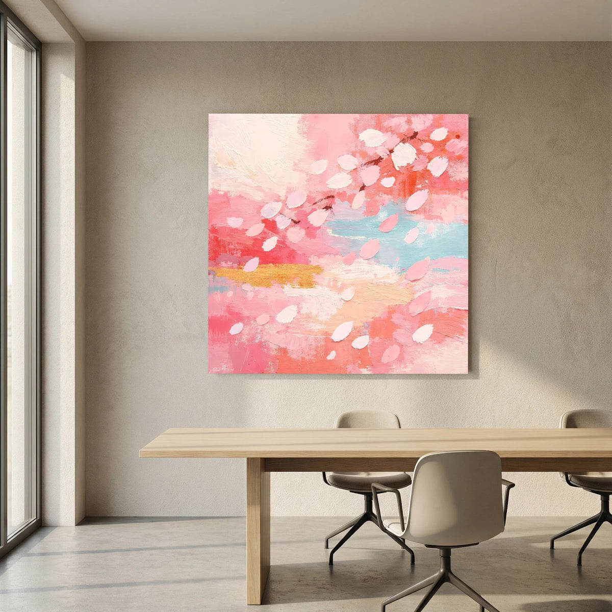 Quadratisches Leinwandbild: Pastellrosa Kirschblütenabstrakt mit goldfarbenem Strich und Hellblau