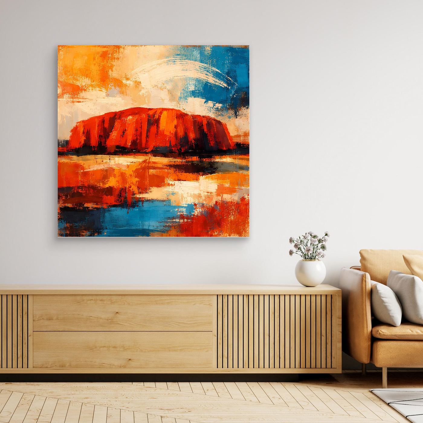 Abstraktes Leinwand-Wandbild mit rotem Felsen, blauem Wasser, helles Holzrahmen