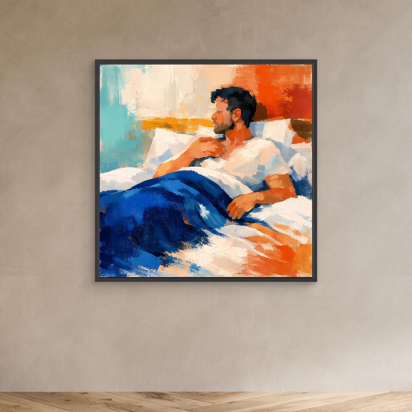 Leinwand-Wandbild mit liegendem Mann, abstrakte Farbflächen in Blau, Orange und Türkis im dunklen Rahmen