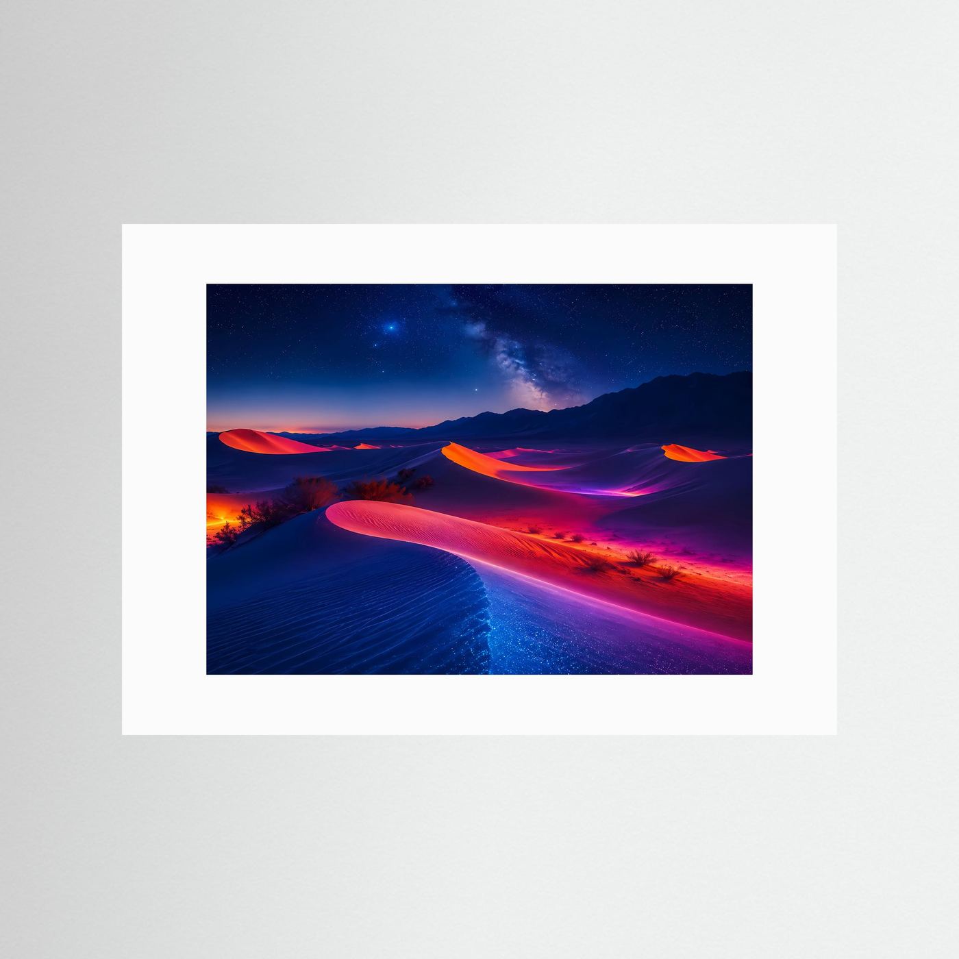 Leuchtende Neon-Wüste bei Nacht | Futuristische Dünen Landschaft Poster Querformat