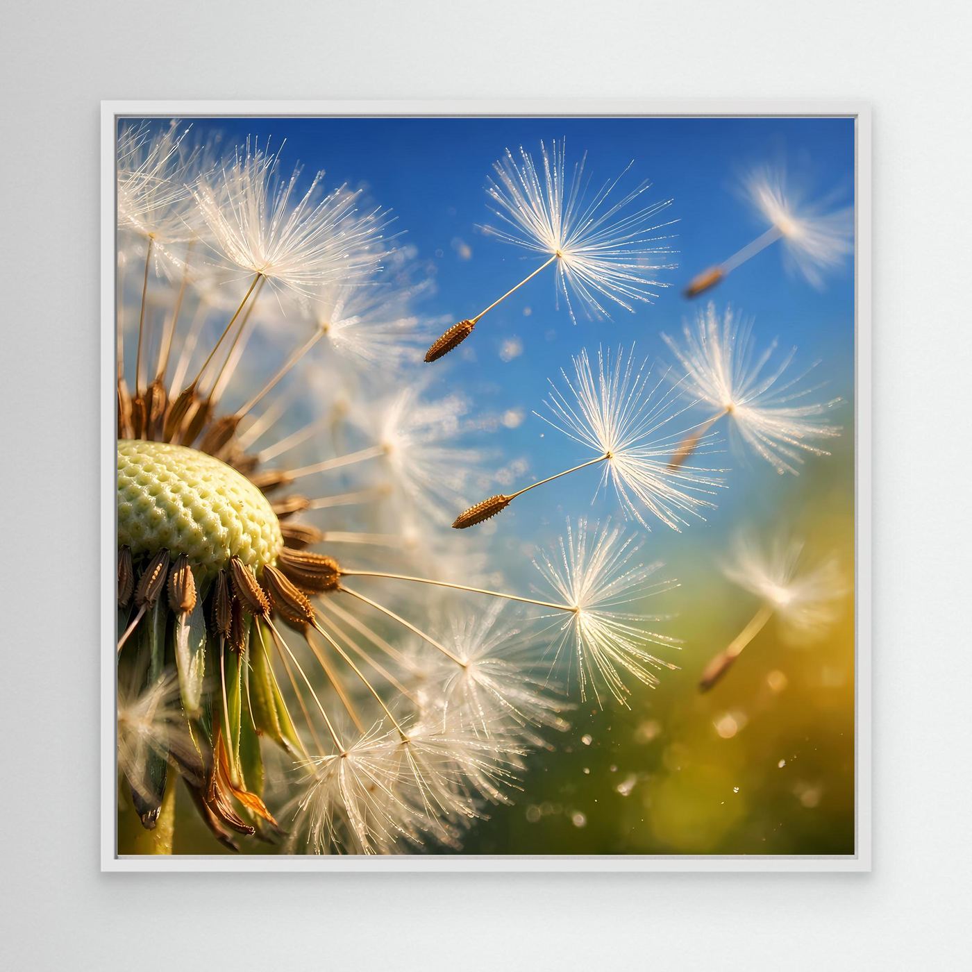 Leinwandbild mit Makro-Pusteblume und fliegenden Löwenzahnsamen im weißen Rahmen