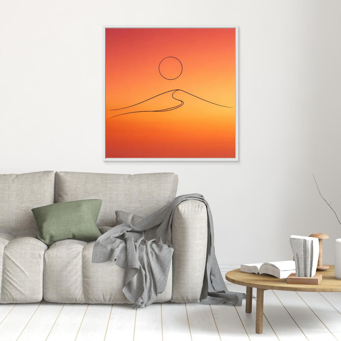 Leinwandbild mit orange-roter Sonnenuntergangszene, Kreis und Düne in Line-Art, weiß gerahmt