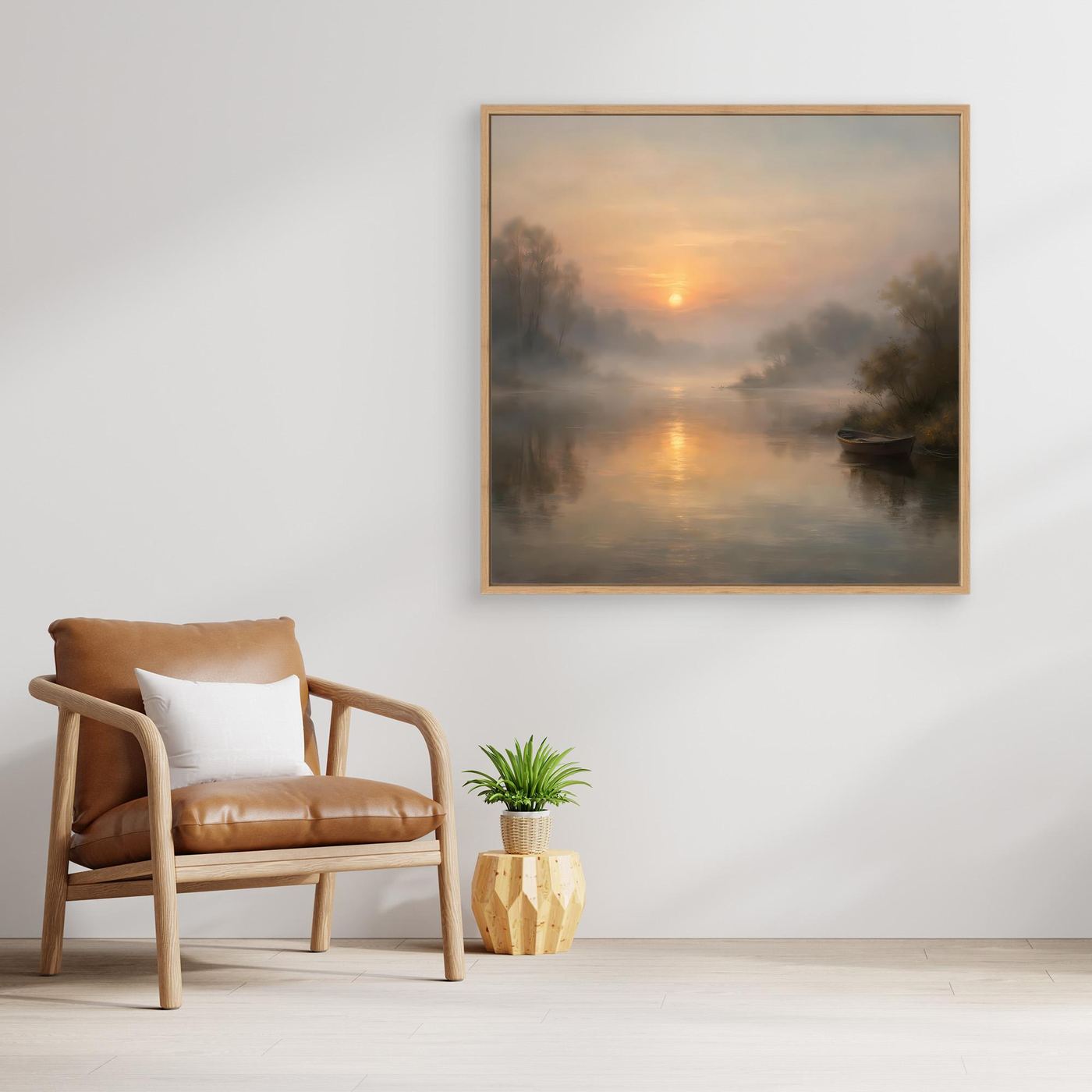 Quadratisches Leinwandbild mit nebligem Fluss und Sonnenaufgang, hellbrauner Holzrahmen