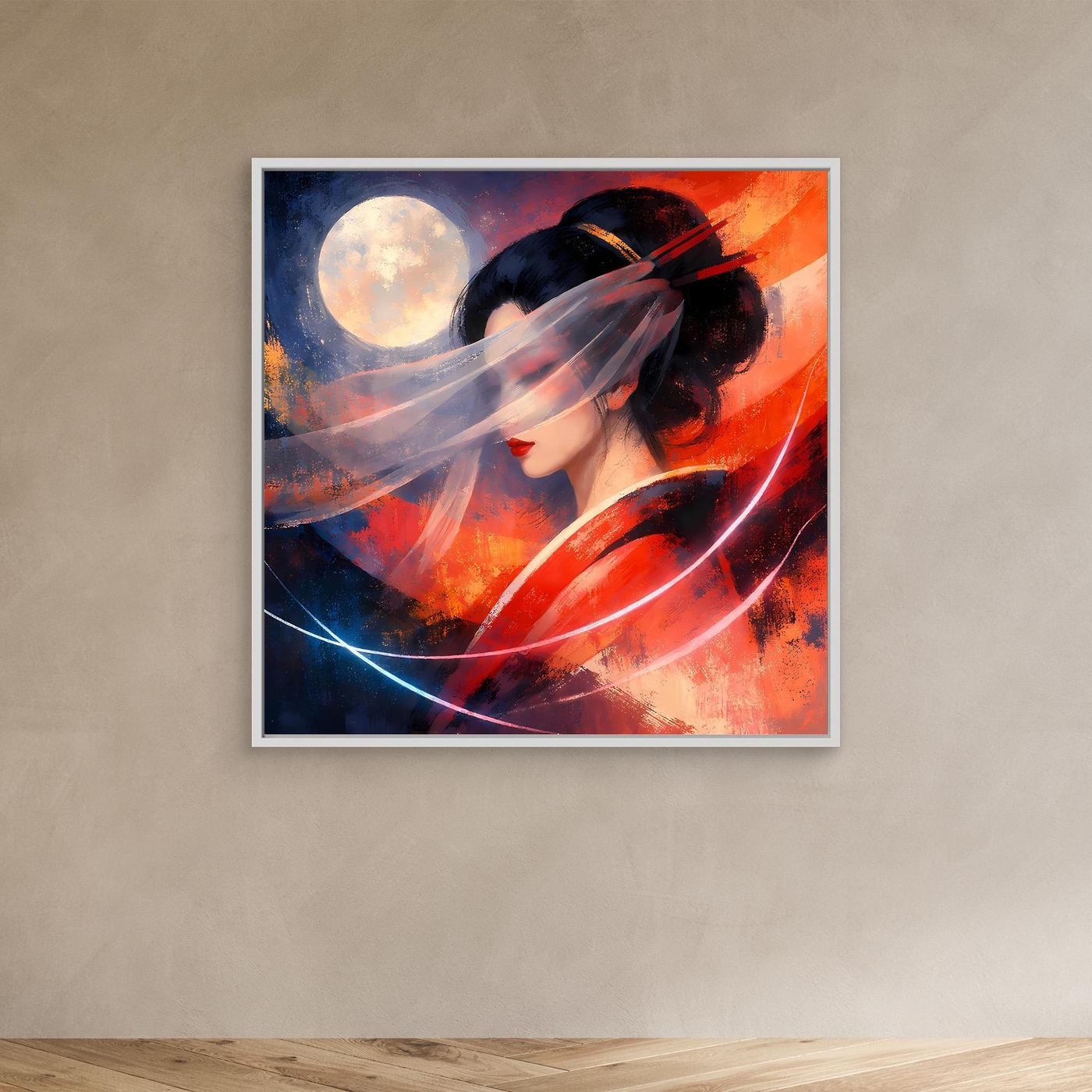 Gerahmtes Leinwandbild mit Geisha-Porträt, rotem und blauem Abstrakt, weißer Rahmen