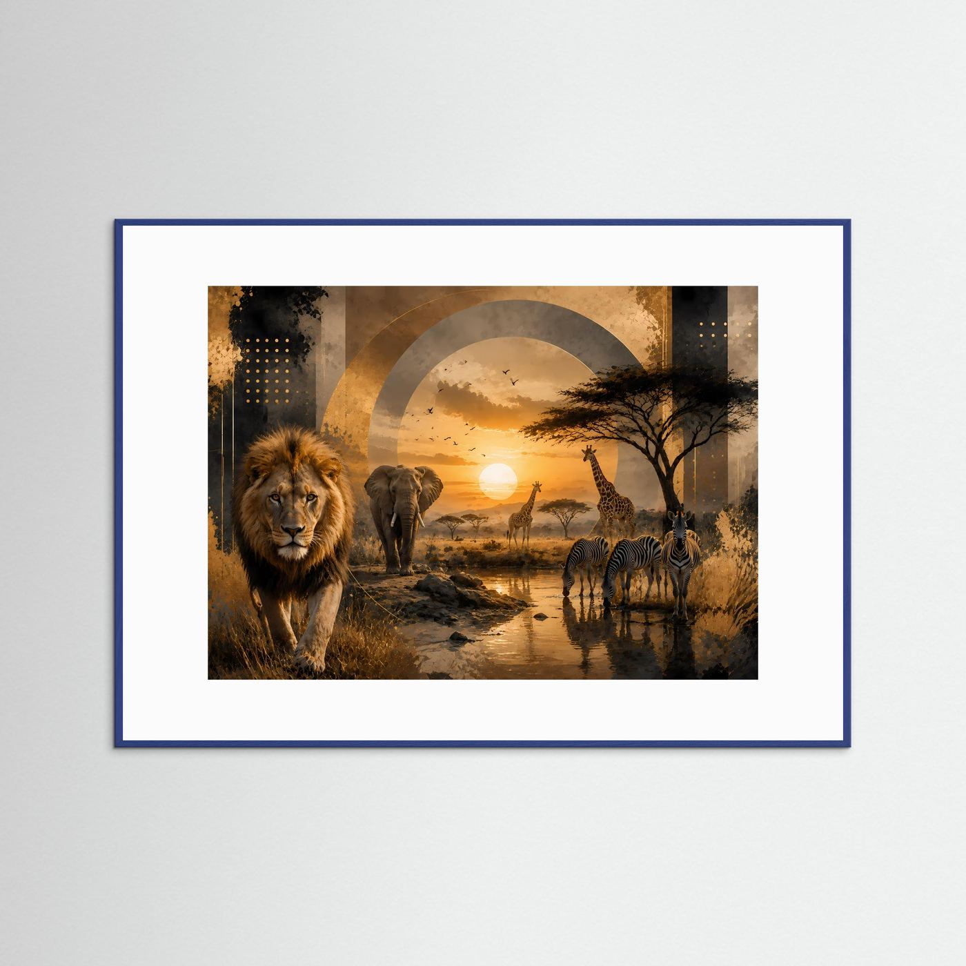 Poster mit Löwe und Elefanten in afrikanischer Savanne, blauer Rahmen