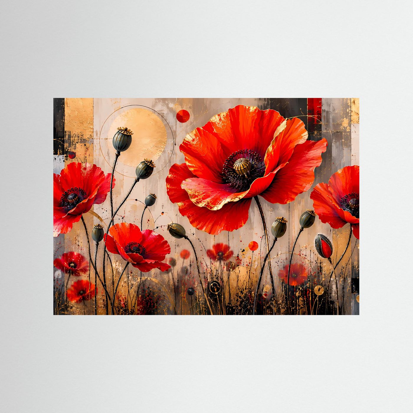 Strahlende Mohnblumen in Rot & Gold | Abstrakte Blumen & Natur Poster Querformat