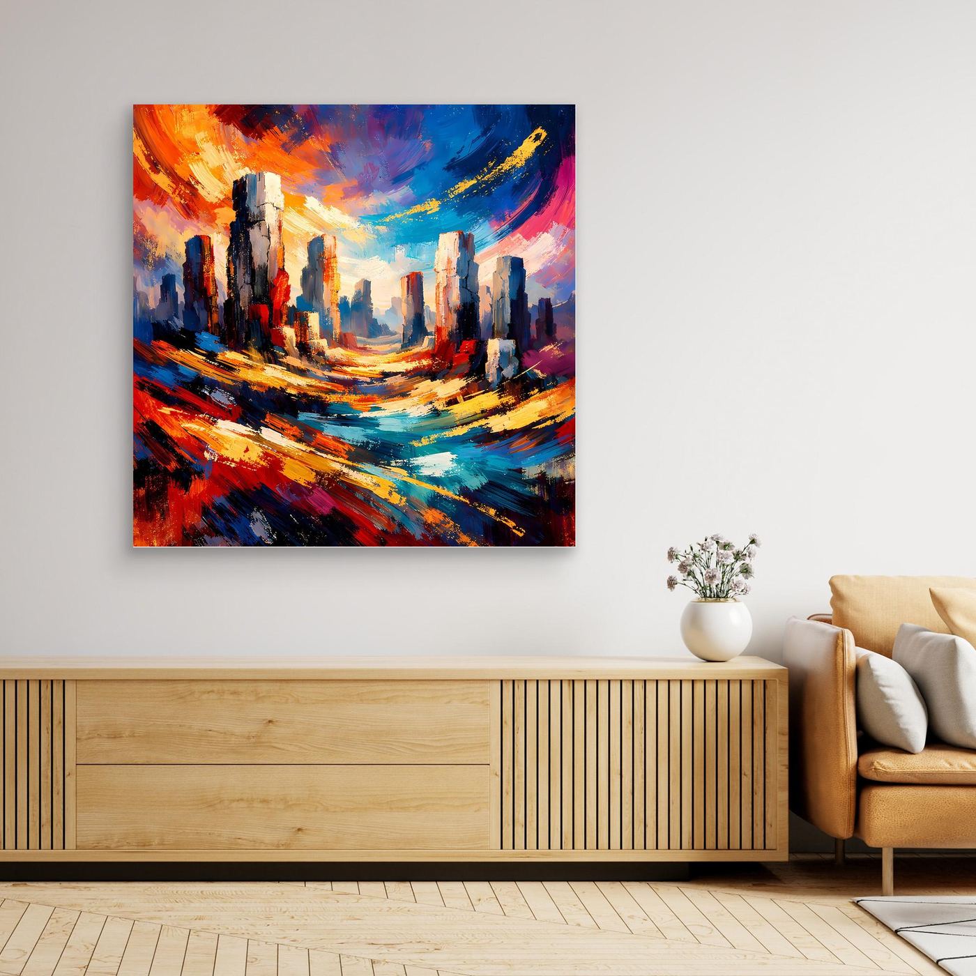 Gerahmtes Leinwandbild mit abstrakter Skyline in Blau, Rot, Gelb und Türkis