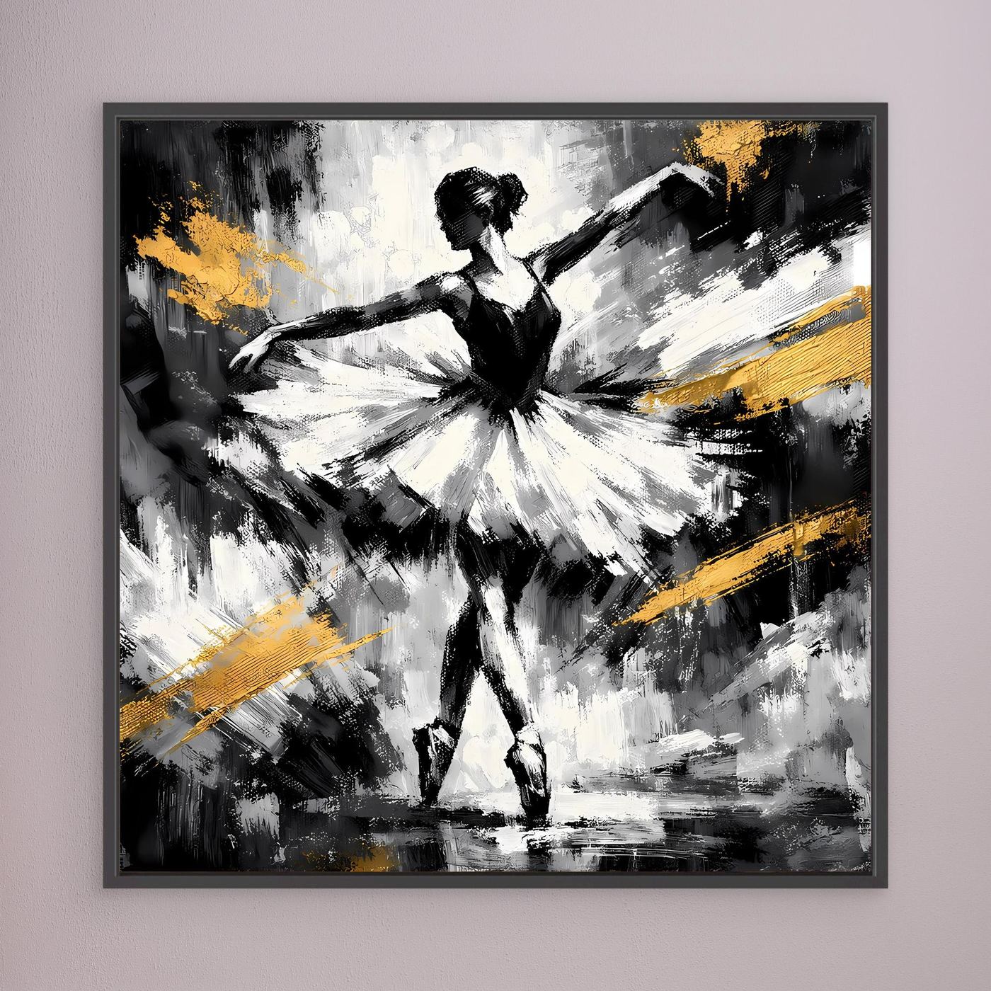 Gerahmtes Leinwandbild mit abstrakter Ballerina in Schwarzweiß und goldenen Farbakzenten