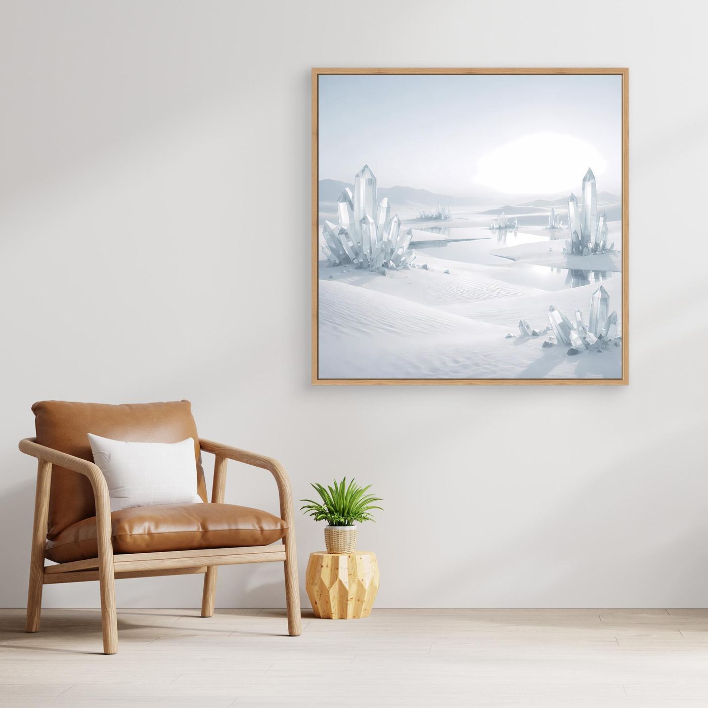 Leinwandbild mit kristalliger Winterlandschaft, Eichenrahmen
