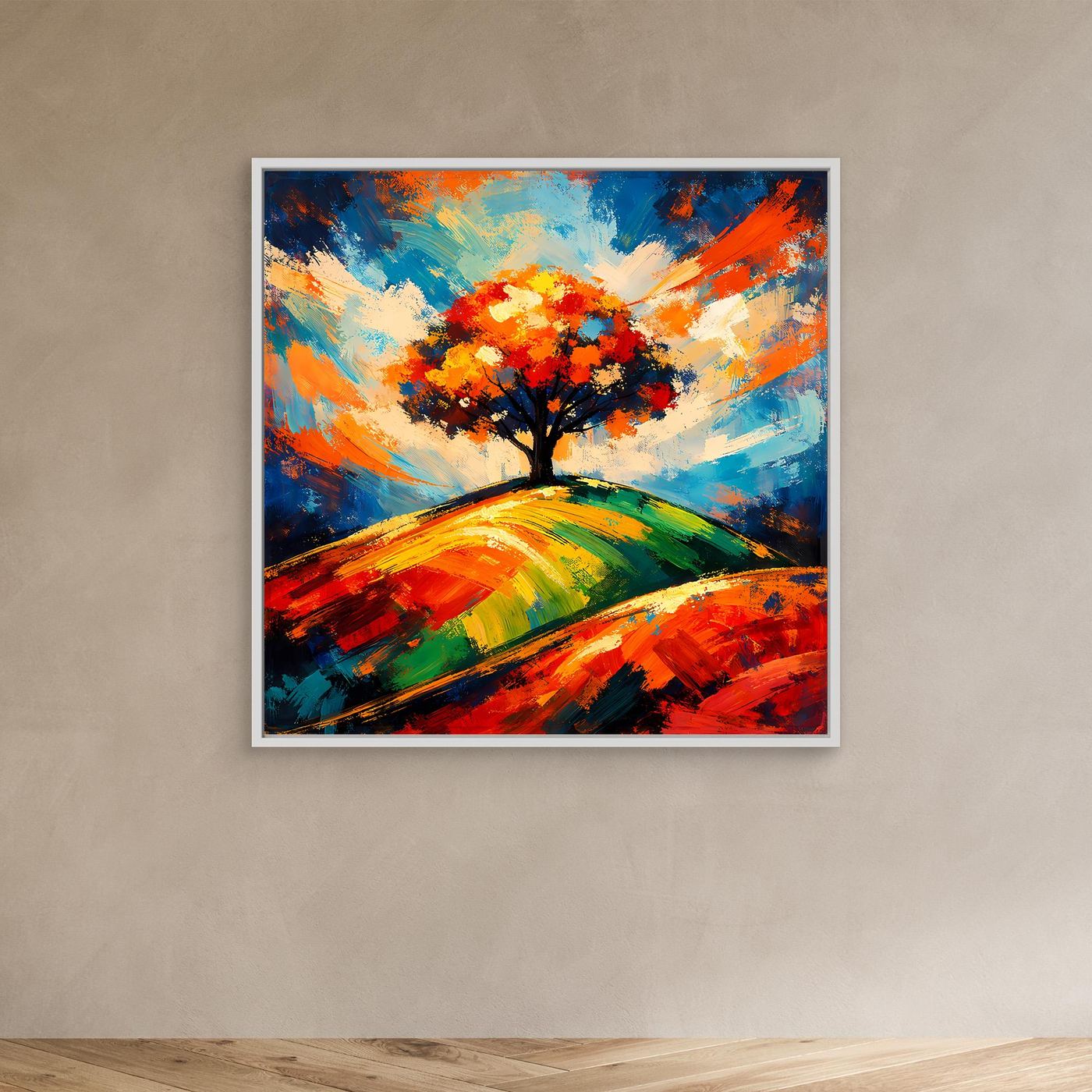 Leinwandbild mit abstraktem Baum und weißem Rahmen, orange-gelbe Krone über bunten Hügeln