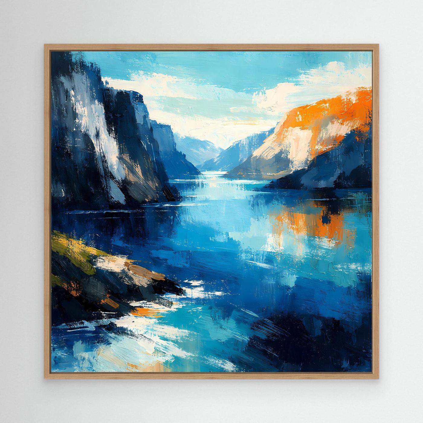 Leinwand Abstraktes Fjord Gemälde | Modernes Norwegisches Wandbild Blau Orange