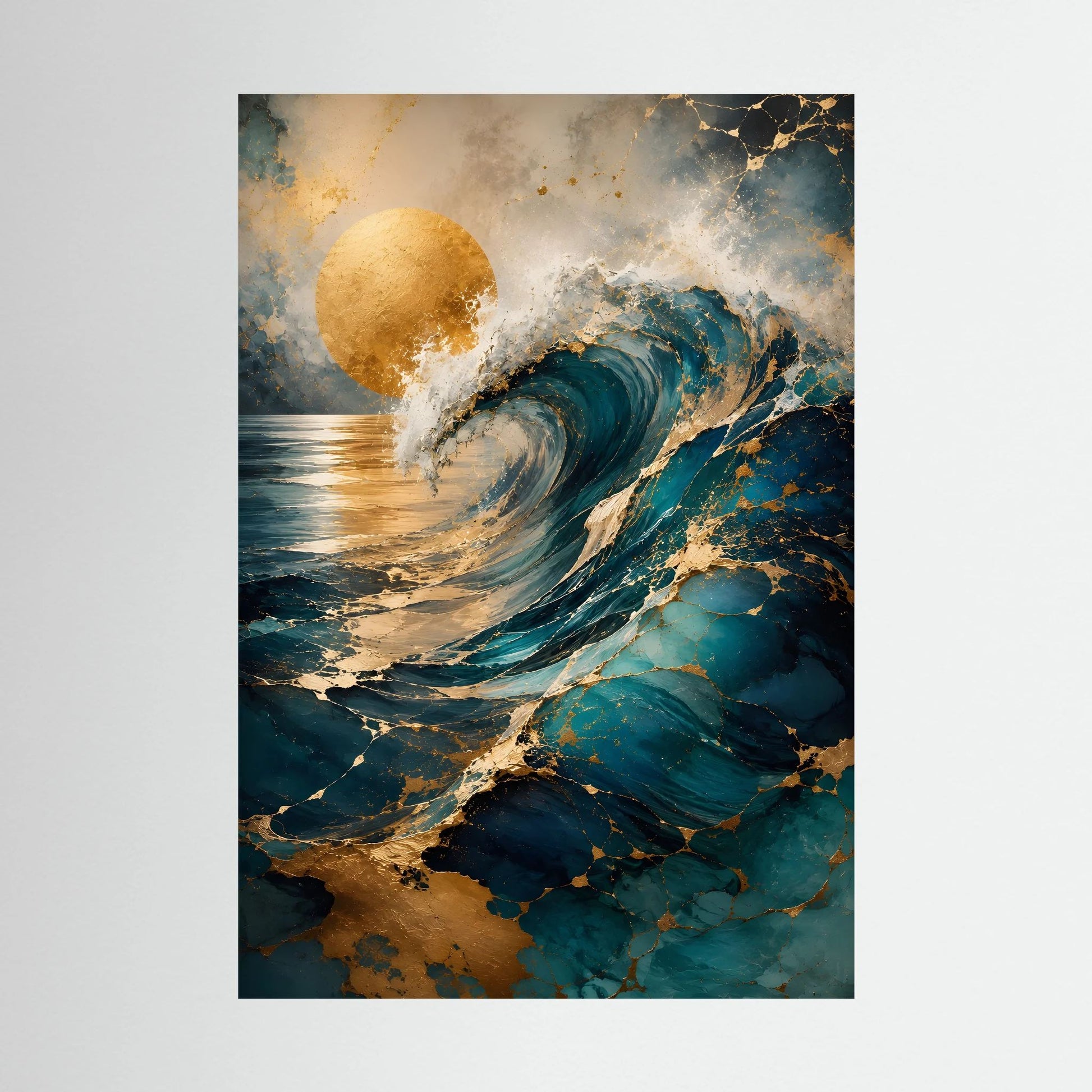 Kunstposter im Hochformat mit abstrakter Meereswelle in Petrol, Türkis und Gold