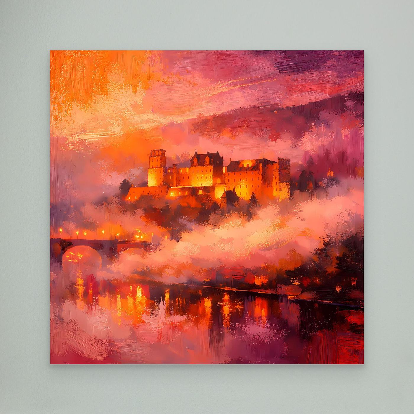 Premium Leinwand Imposantes Schloss im Abendrot | Abstraktes Castle Wandbild in feurigen Farben